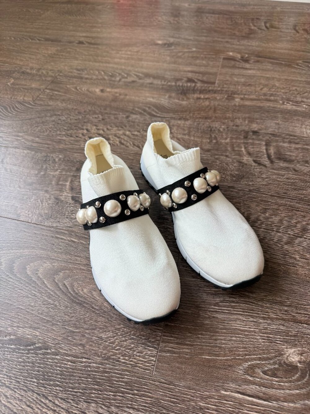 Jimmy Choo White Knit Pearl Embellished Slip-On Sneakers